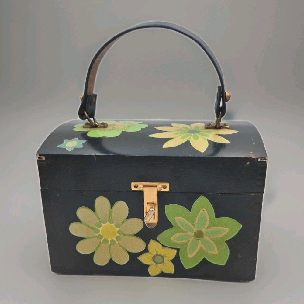 Vintage Green Wooden Box Purse Floral Decoupage Design 60s Hippie Boho